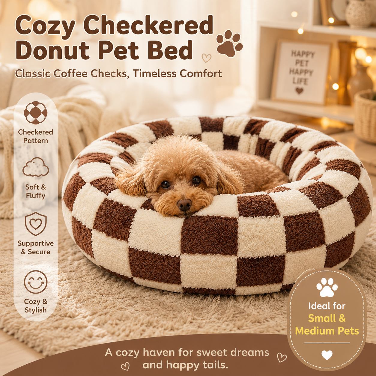 Small Medium Pet Donut Bed (Coffee plaid)-40cm outer diameter, Soft Plush Round Dog Bed and Cat Bed with Raised Rim, Cozy Calming Pet Sleeping Cushion