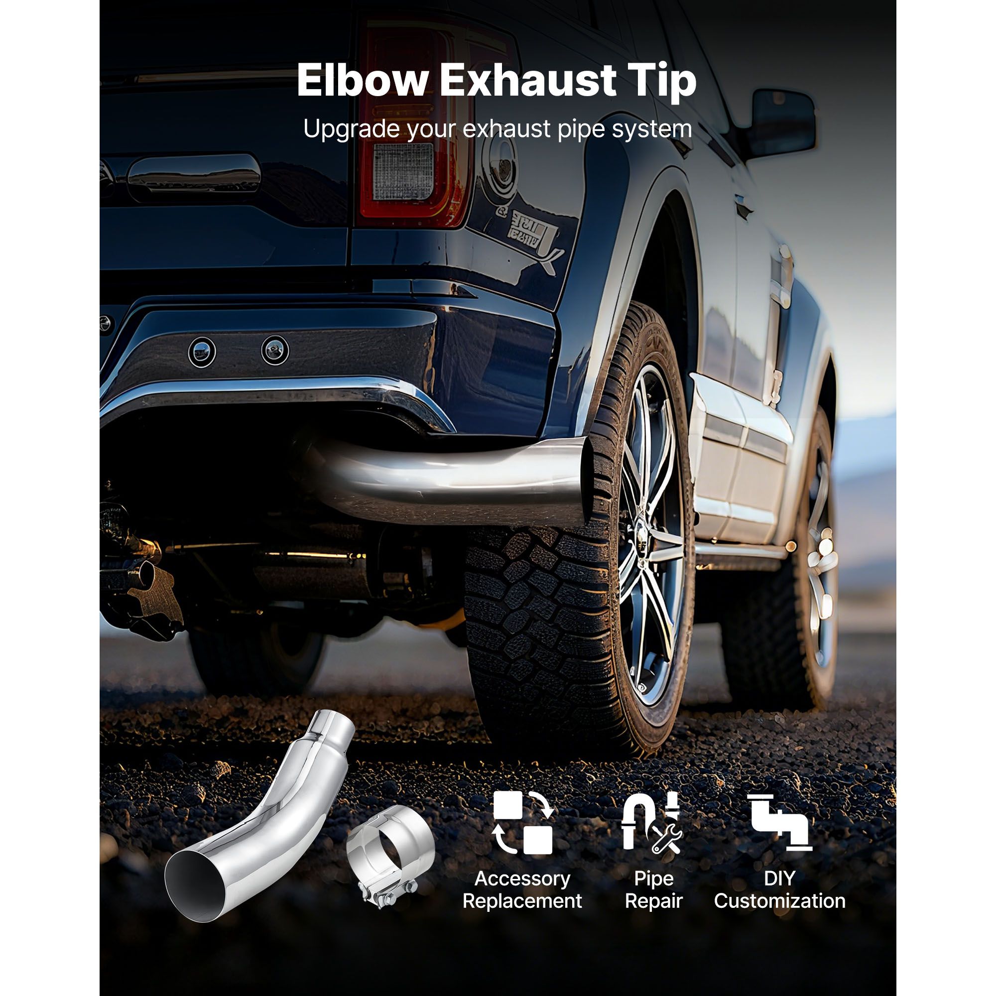 Elbow Exhaust Tip, 101.6mm Inlet, 152.4mm Outlet, 584mm Overall Length, Chrome Turn Down Exhaust Tip with Clamp for Truck/Sedan/Sports Car/SUV, Chrome — image 2