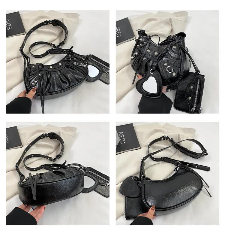 Blue Vintage Rivet Crescent Moon Bag with Card Holder & Mirror, French Retro PU Leather Shoulder & Crossbody Motorcycle Bag for Women โ image 3