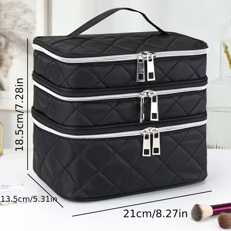 Fashionable and light luxury large-capacity black embroidered diamond-shaped cosmetic bag with three for multi-level storage, portable and hand-held, suitable โ image 4