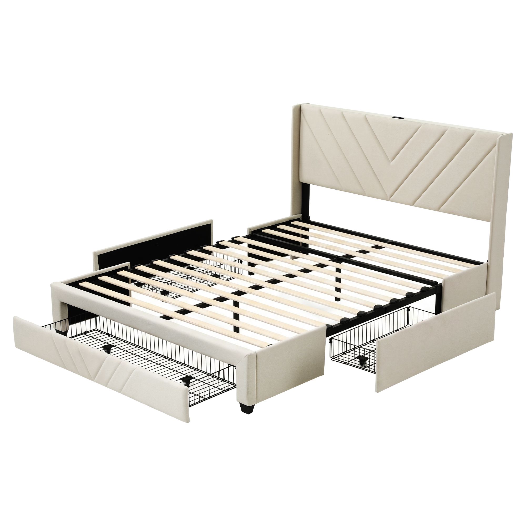 Artiss Double Bed Frame with Charging Station and Storage Drawers Beige 300KG Noise Free โ image 2