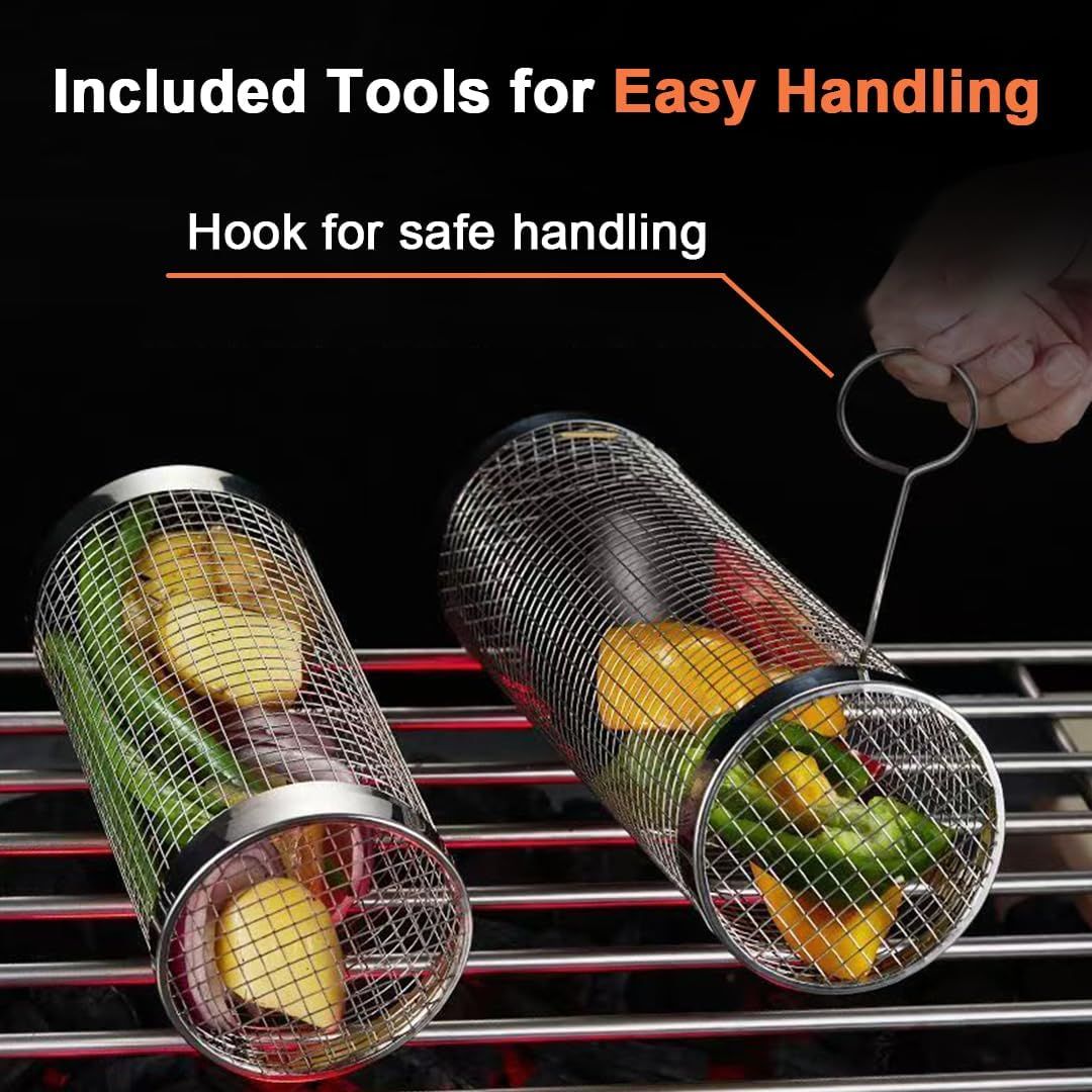304 Stainless Steel Rolling Grill Basket Set with Removable Handle for Vegetables, Shrimp and Outdoor BBQ, Nesting Design, Silver — image 5