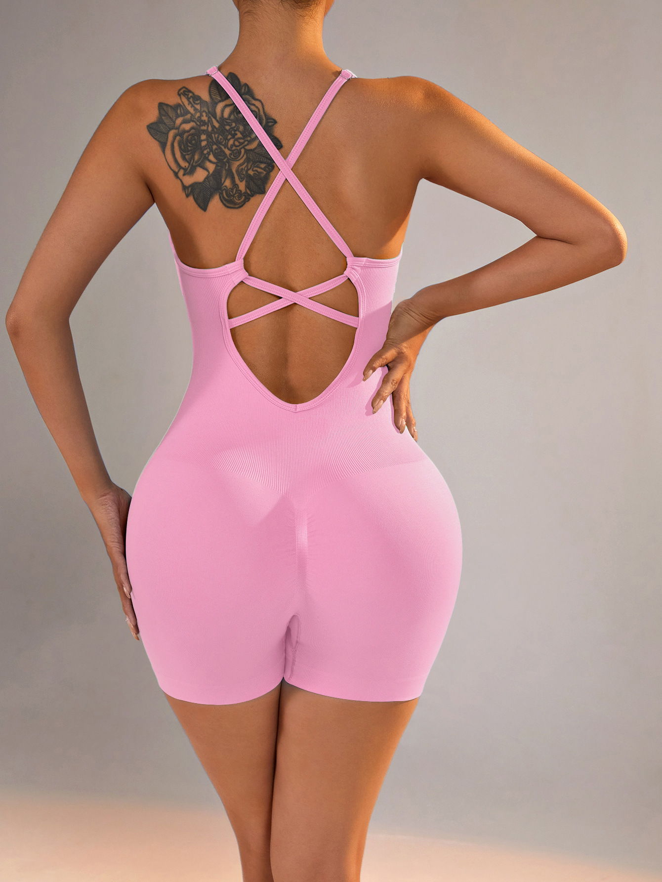 Size L Light Pink Grey Nylon Seamless Yoga Bodysuit - Women's Athletic Romper, Crisscross Back, Workout Jumpsuit โ image 2