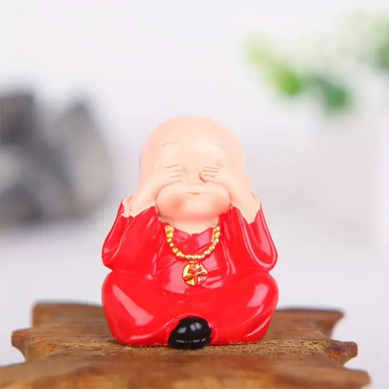 4-Pose Little Monk Resin Figurines, hand-painted, cover eyes/ears/mouth & cheek rest, mini size for car & desk decor, cute Zen vibes, stress-relief & healing — image 2