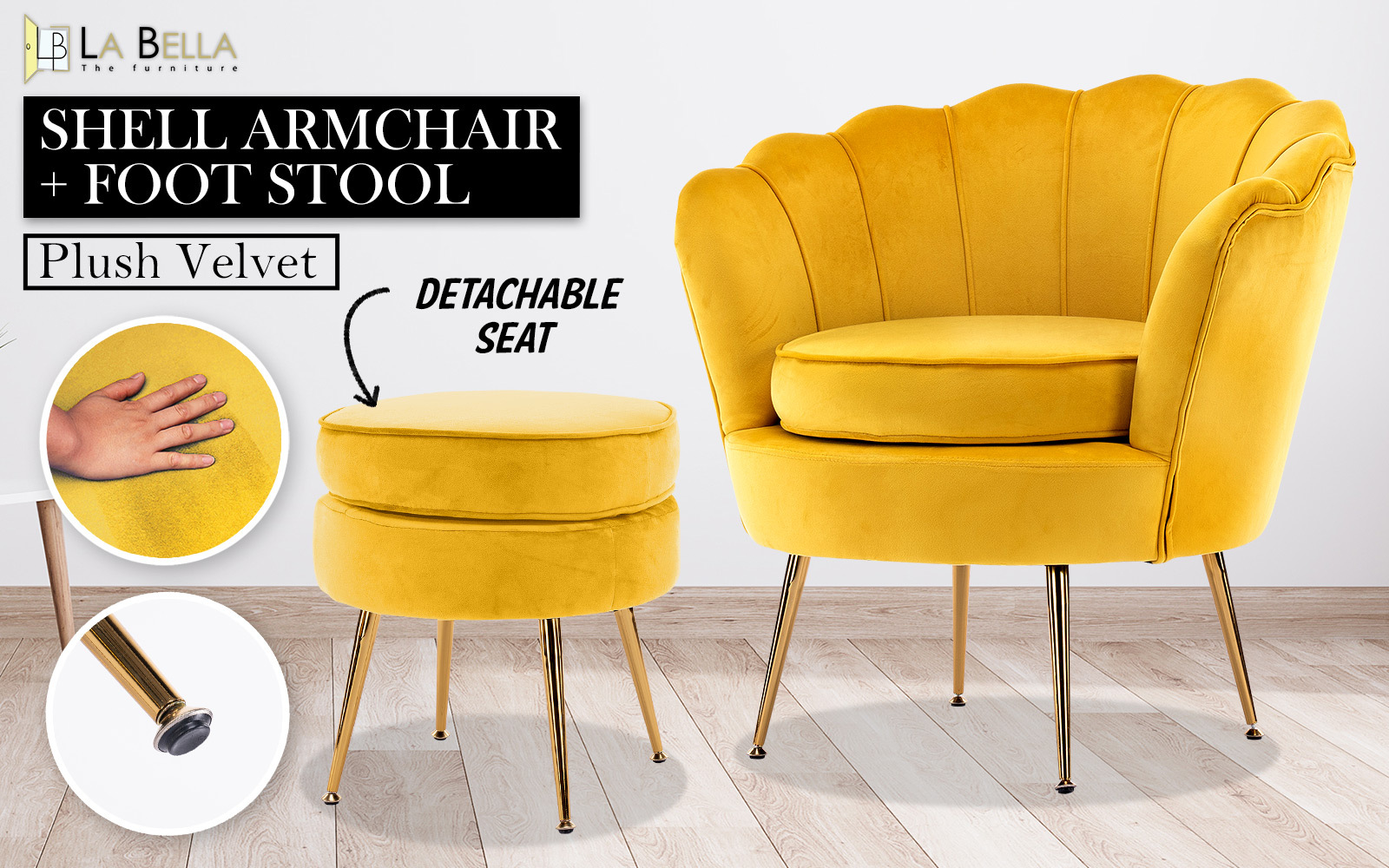 Armchair Lounge Chair Accent Velvet Shell Scallop + Round Ottoman Footstool YELLOW โ image 2
