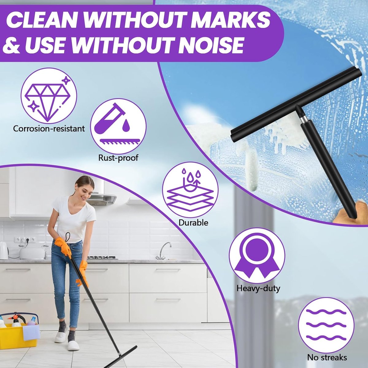 Extendable Shower Squeegee - Up to 120 CM - With Hanging Hook and Squeegee Cloth - Floor Squeegee / Window Squeegee with Long Handle - Shower and Bathroom — image 2