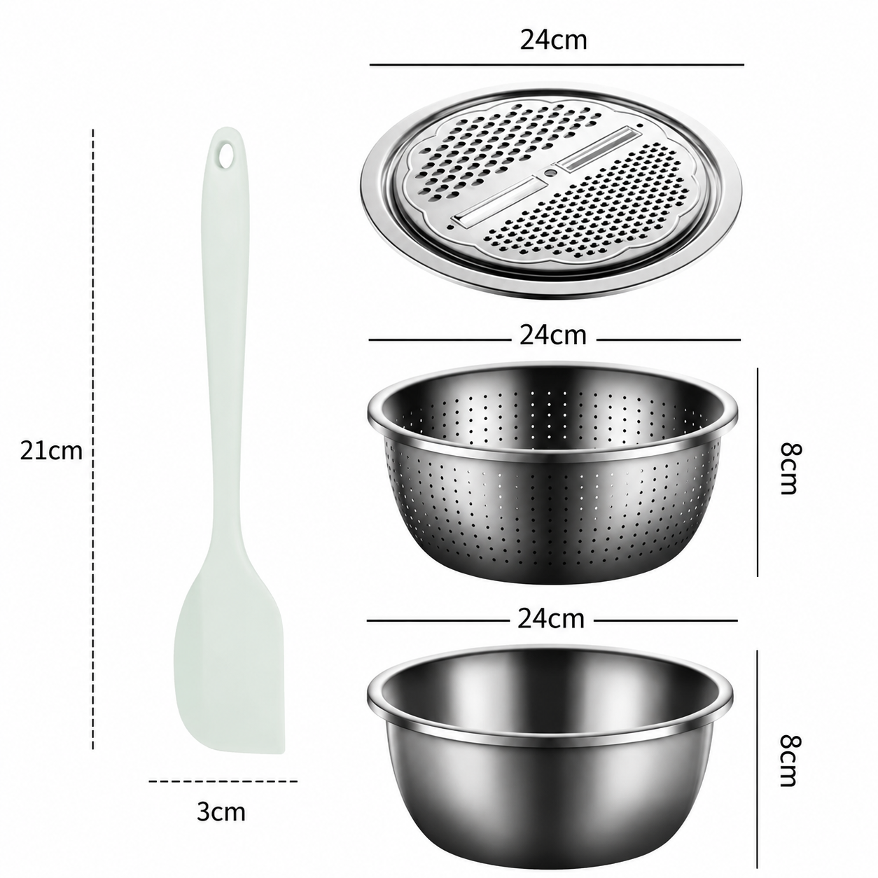 Home Salad Preparation Kit-Multifunctional Stainless Steel Vegetable Grater Bowl Set and Silicone Spatula - 28cm Kitchen Prep Tool for Slicing, Shredding