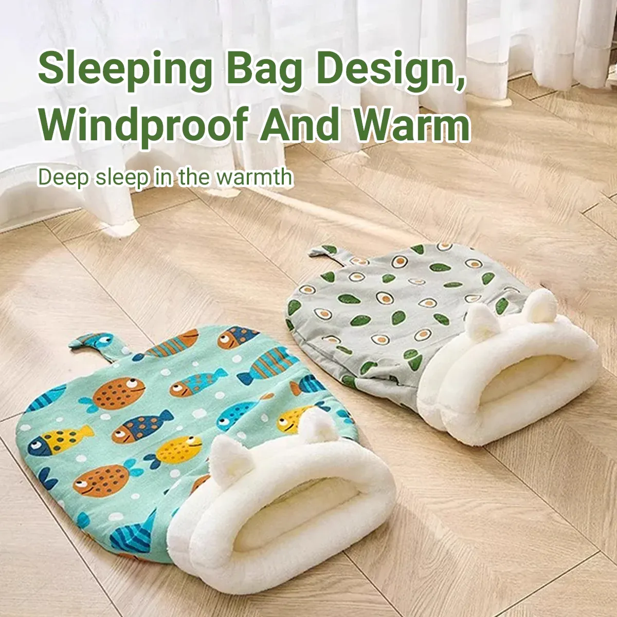 Semi Enclosed Warm Cat Sleeping Bag Comfortable Soft Fleece Pet Bed Easy Clean - Fish — image 5