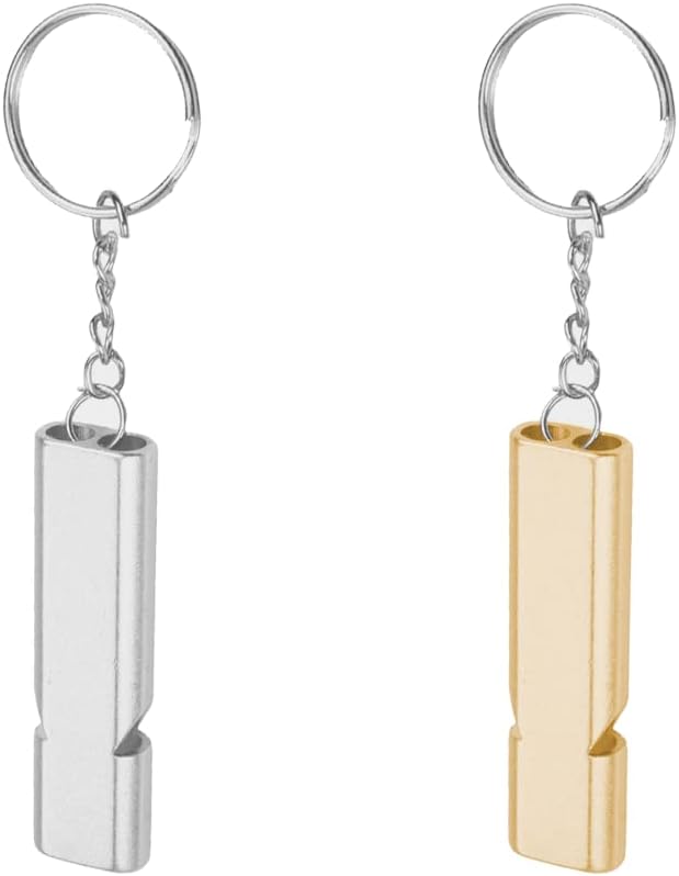 2 Pack Metal Emergency Whistles with Keyrings, Loud Signal Safety Whistles for Hiking, Camping, Sport and Outdoor Use, Silver and Gold