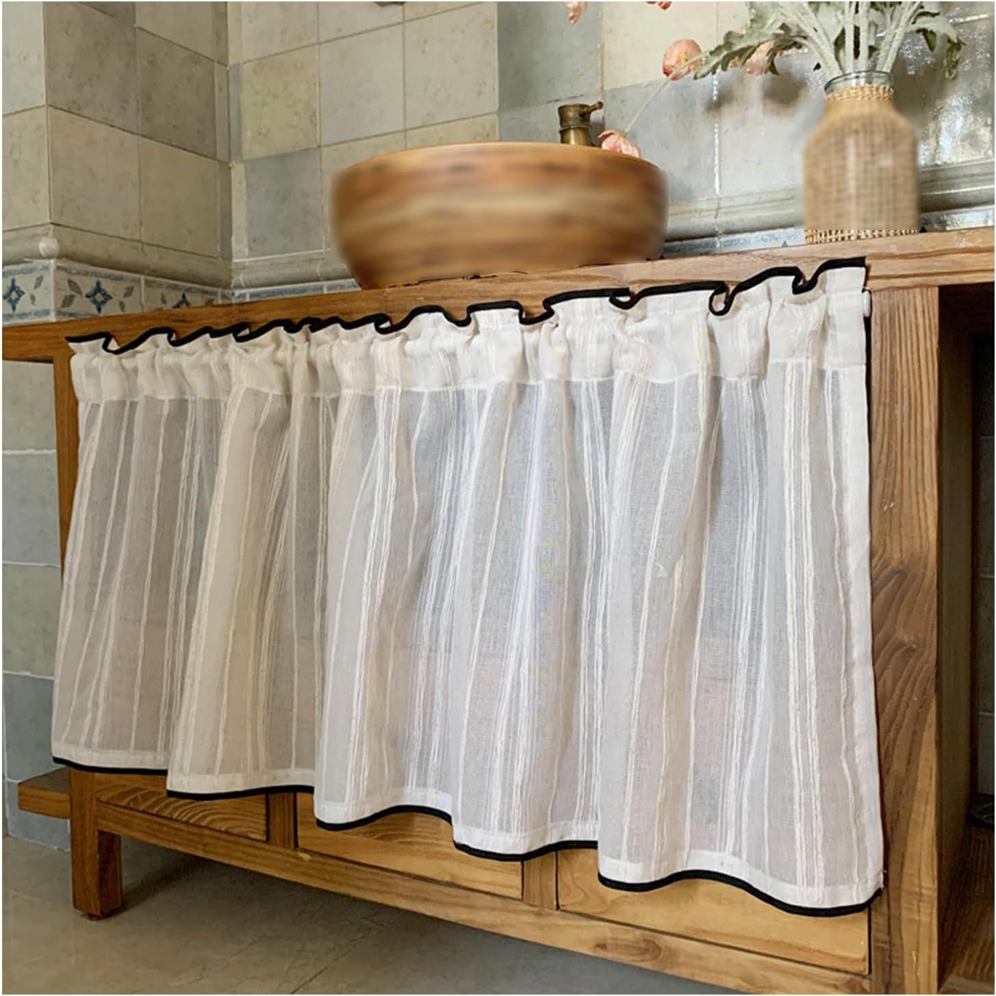 Cabinet Curtains Sink Skirt for Bathroom Kitchen Brown Stripes Cabinet Curtains for Classroom Home Farmhouse Rustic Drape Under Desk Privacy Drape for Laundry โ image 2