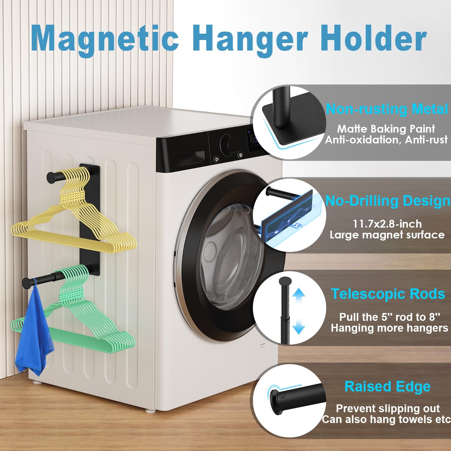 Hanger Organizer Stacker, Magnetic Hanger Holder, Upgrade Extendable Hanger Storage Rack for Washing Machine Closet Laundry — image 4