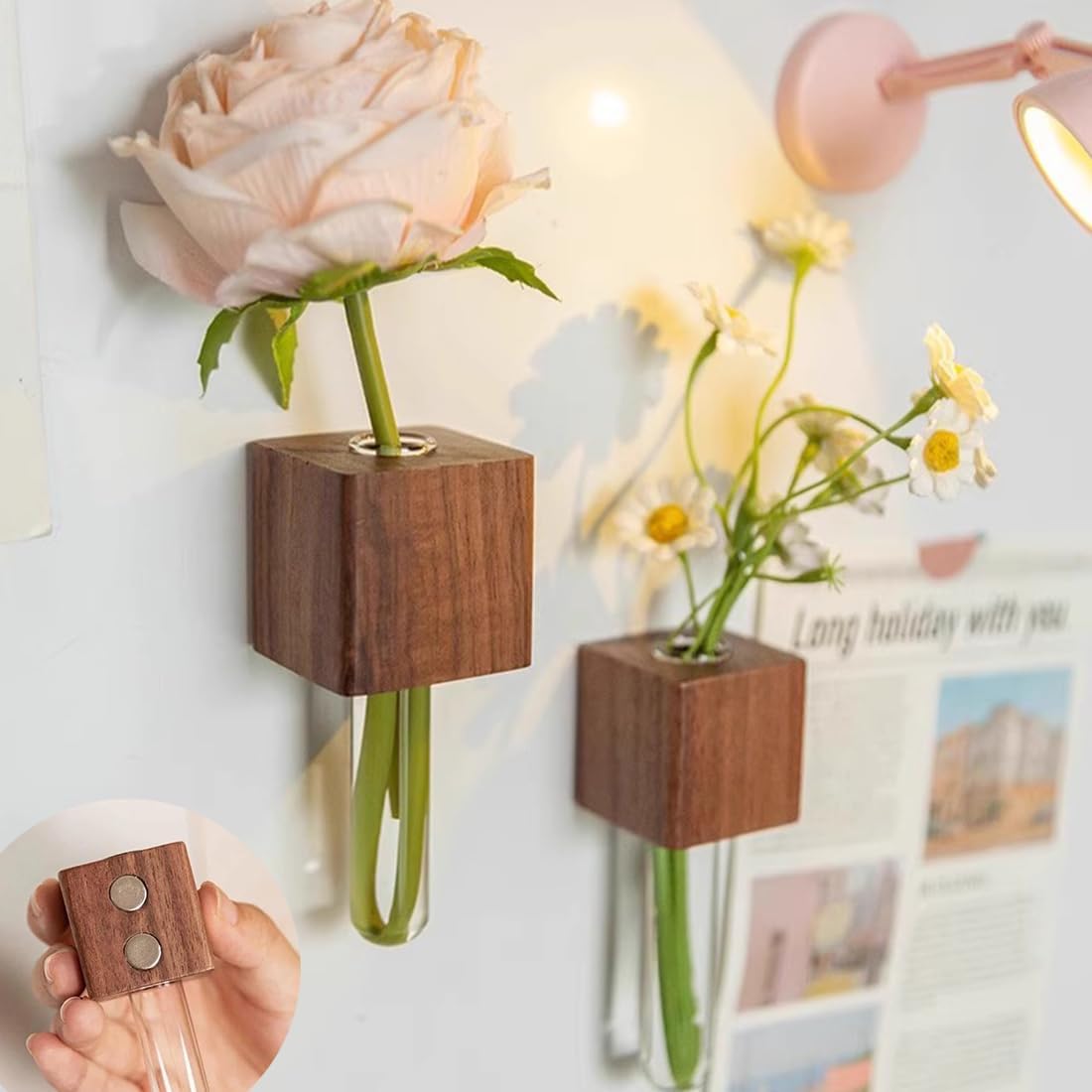 Magnetic Fridge Vases Set of 2 Wooden Decor for Stems & Dried Flowers