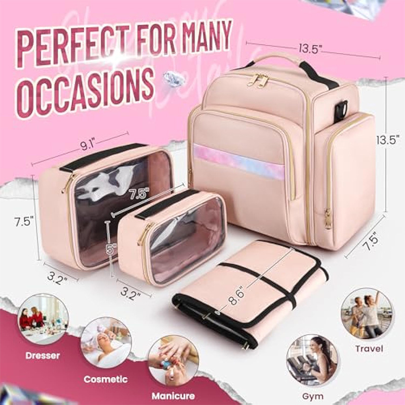 Pink 4-in-1 Travel Cosmetic Organizer Bag with Detachable Polyester Storage Boxes and Jewelry Roll, Multiple Compartments, Portable Makeup Bag โ image 2