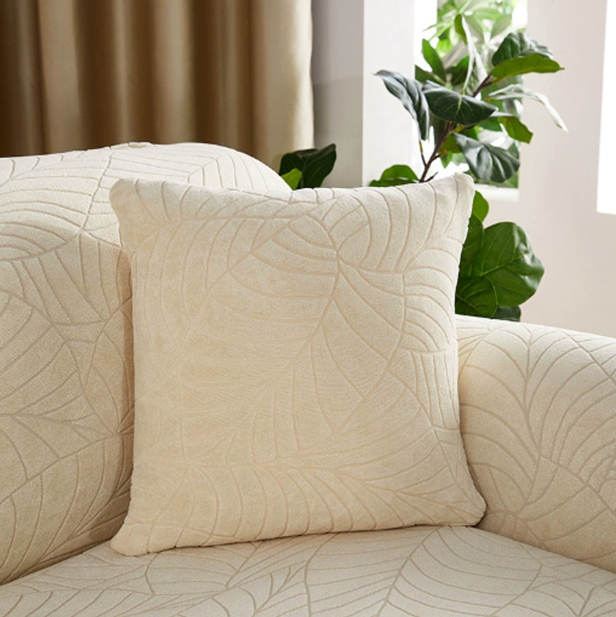 Waterproof cushion cover 45 × 45 - Set of 2 cushion covers - Beige jacquard leaf pattern