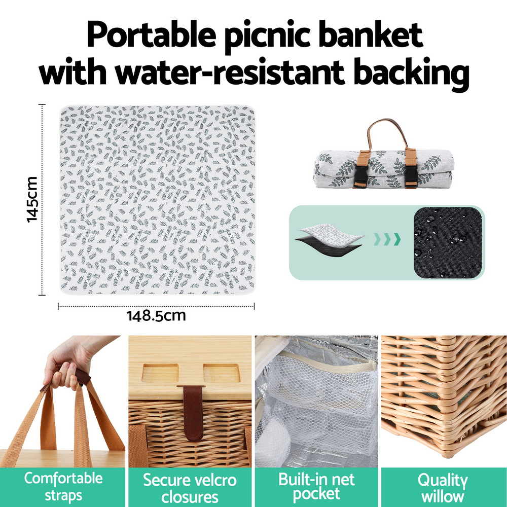 Alfresco 4 Person Picnic Basket Set with Table Blanket Cooler Wooden Insulated — image 6