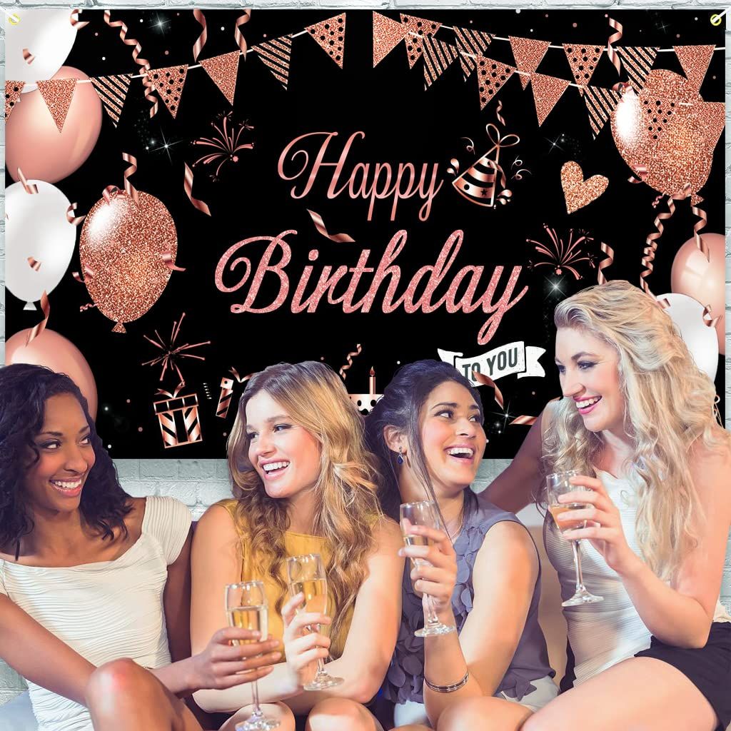 Happy Birthday Decoration Banner, Large Black and Rose Gold Happy Birthday Banner Sign, Happy Birthday Backdrop — image 2