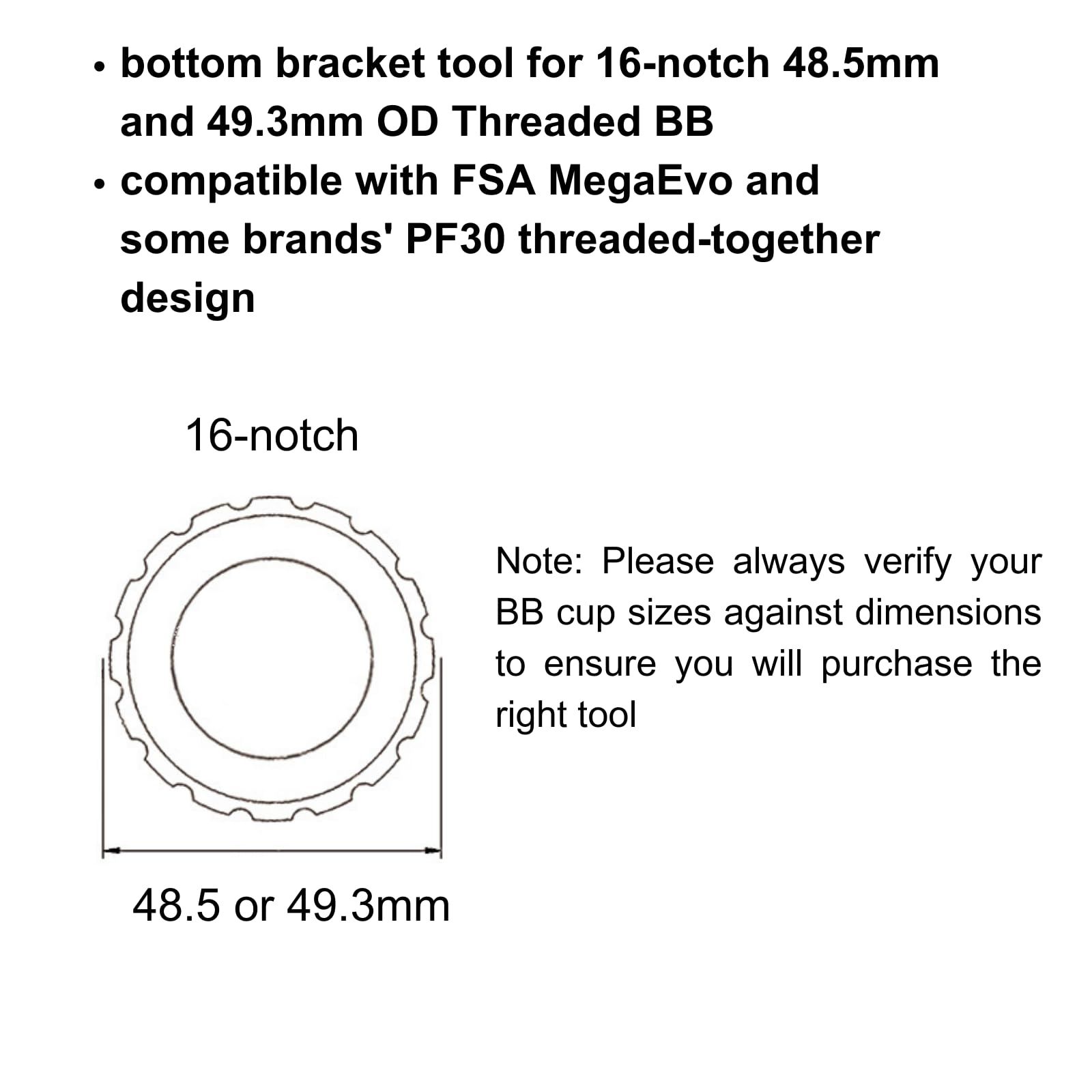 Bottom Bracket Tool for 16-notch 48.5mm and 49.3mm OD Threaded BB, compatible with Some Brands' PF30 threaded-together design โ image 2