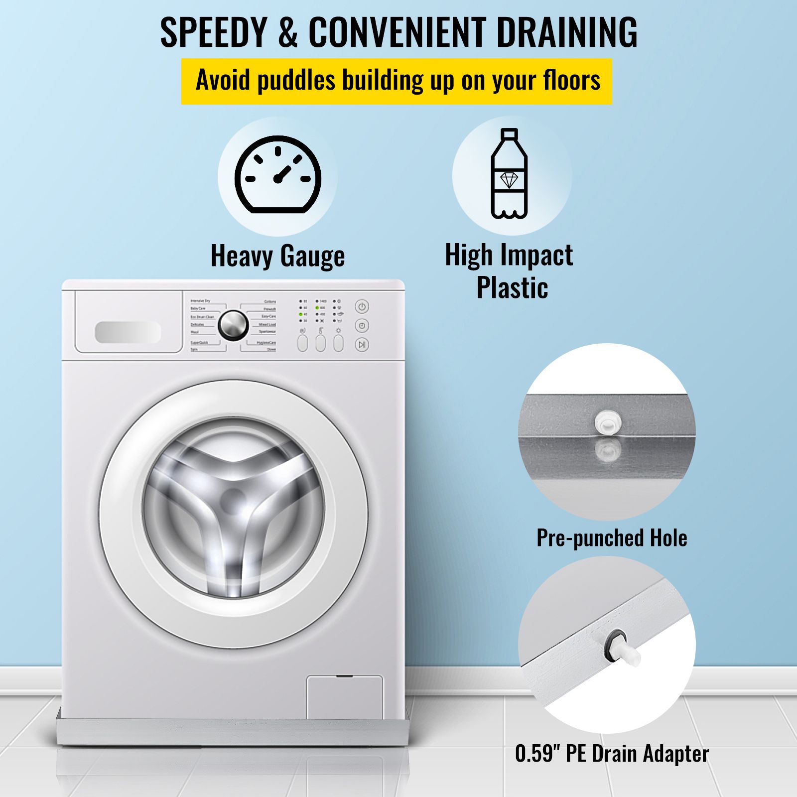 32 × 30 × 2.5 Inch Washing Machine Pan 18 GA Thickness 304 Stainless Steel Heavy Duty Compact Washer Drip Tray with Drain Hole & Hose Adapter — image 5