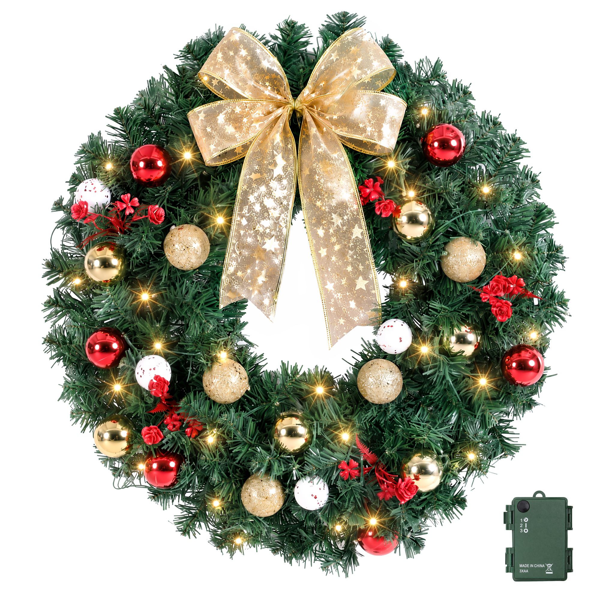Jingle Jollys Christmas Wreath 60CM LED Garland Berries Bow Baubles Xmas Decor — image 4