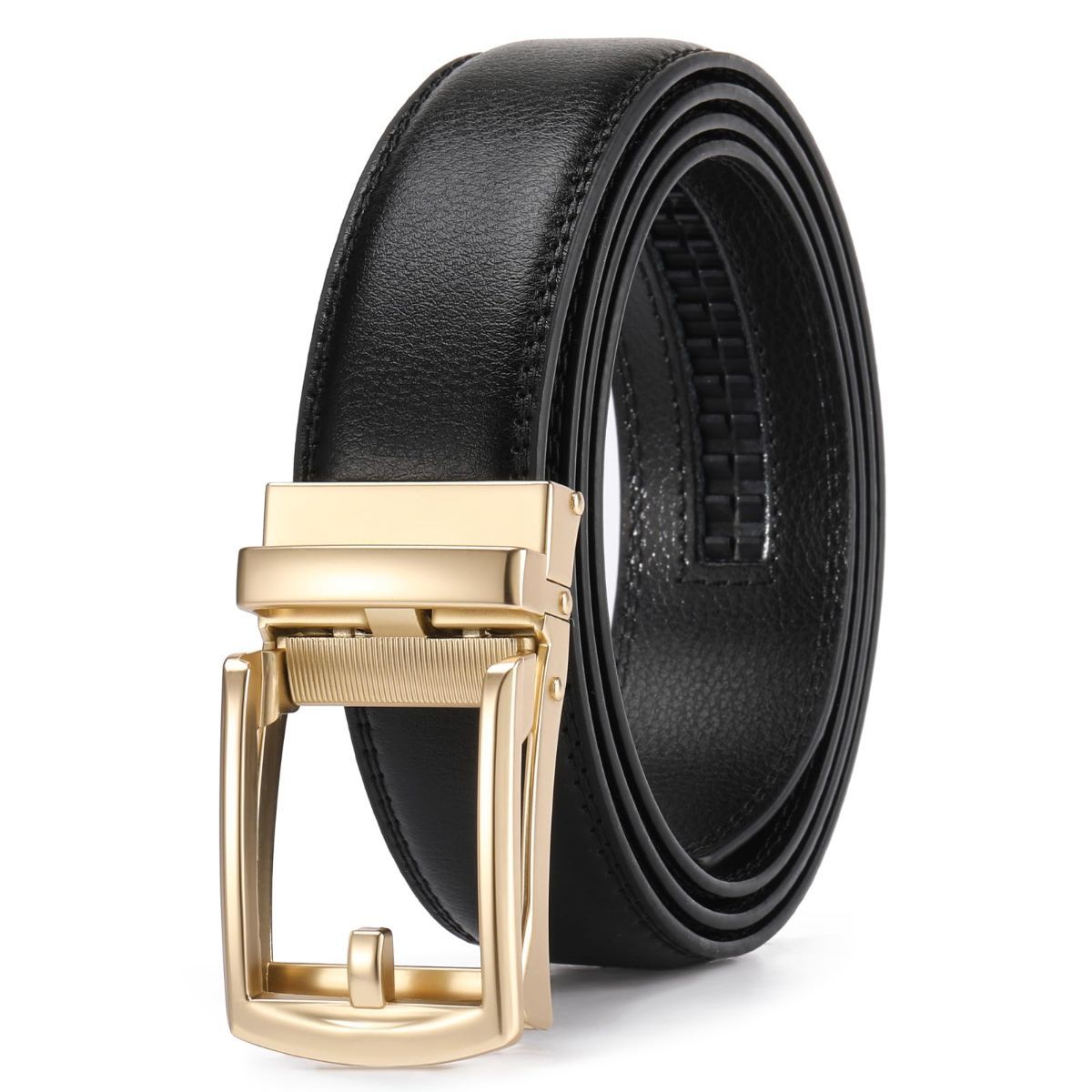 Ratchet Belt for Men Genuine Leather - Micro-Adjust Buckle Trim to Fit Dress Belt Casual to Formal Gift Boxed - Basic Gold - Black - Size 24"-28" Waist