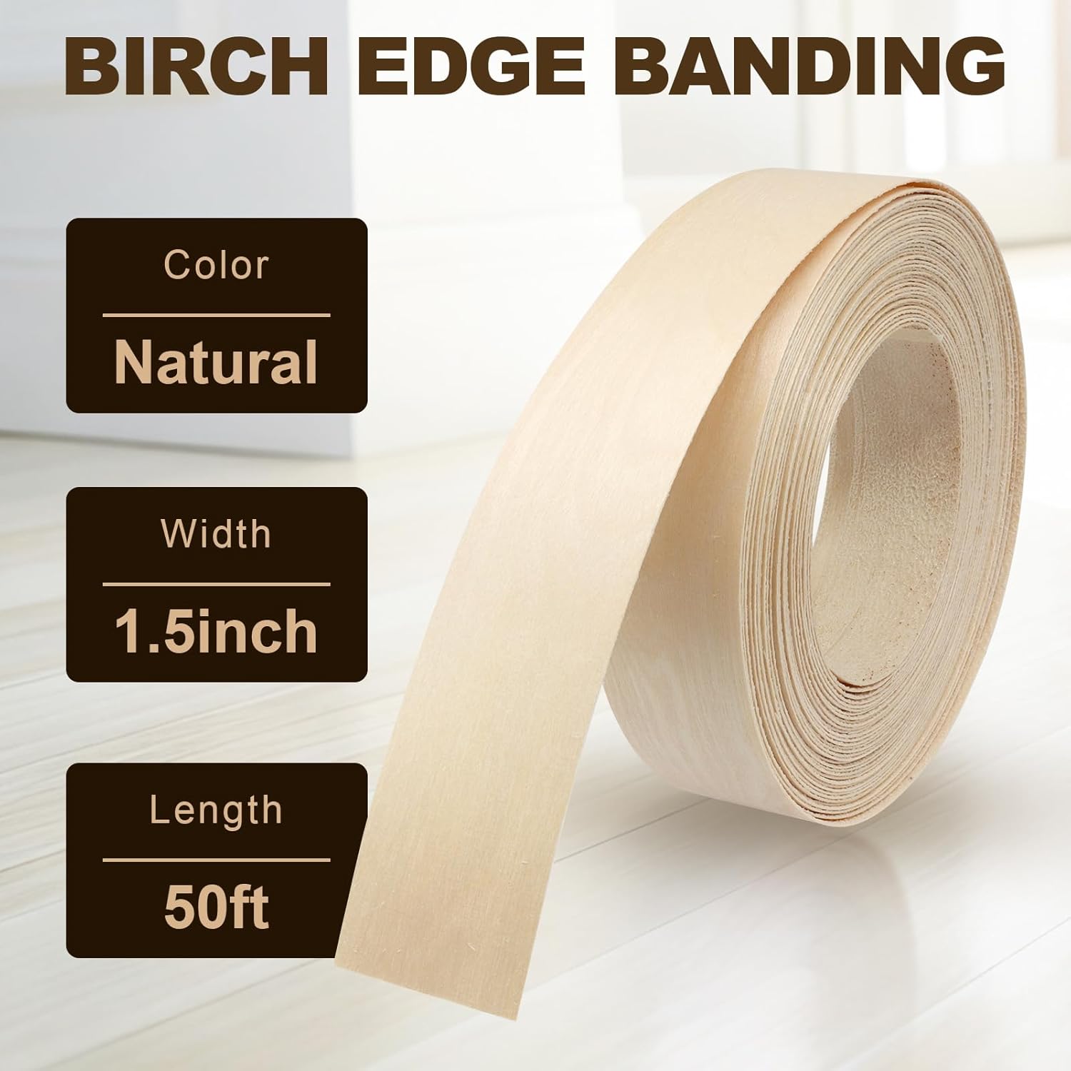 Biaungdo Birch Edge Banding 1-1/2 Inch x 50ft, Wood Veneer Roll Tape Banding Pre-Glued, Iron-on Veneer Edging Band Strips for Cabinet, Furniture Restoration — image 4