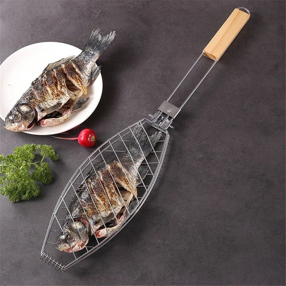 Stainless Steel BBQ Fish Basket, Large, Silver Large Fish Grilling Rack for Grill Fish Vegetables Shrimp, Folding Stainless Steel Grill Basket with Removable — image 2