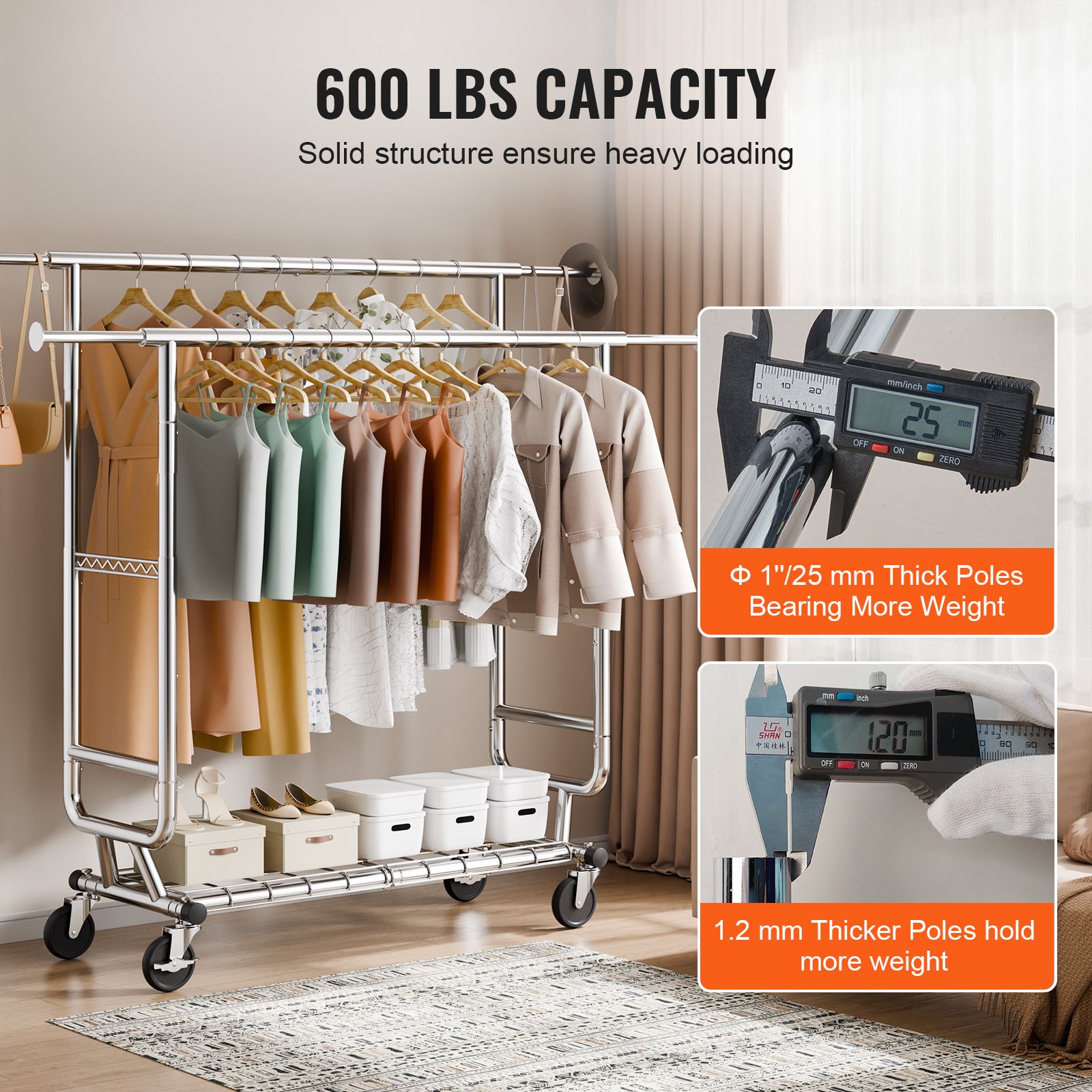 Heavy Duty Clothes Rack, Double Hanging Rod Clothing Garment Rack for Hanging Clothes, Adjustable Height and Extendable Length Clothing Rack with Bottom — image 4