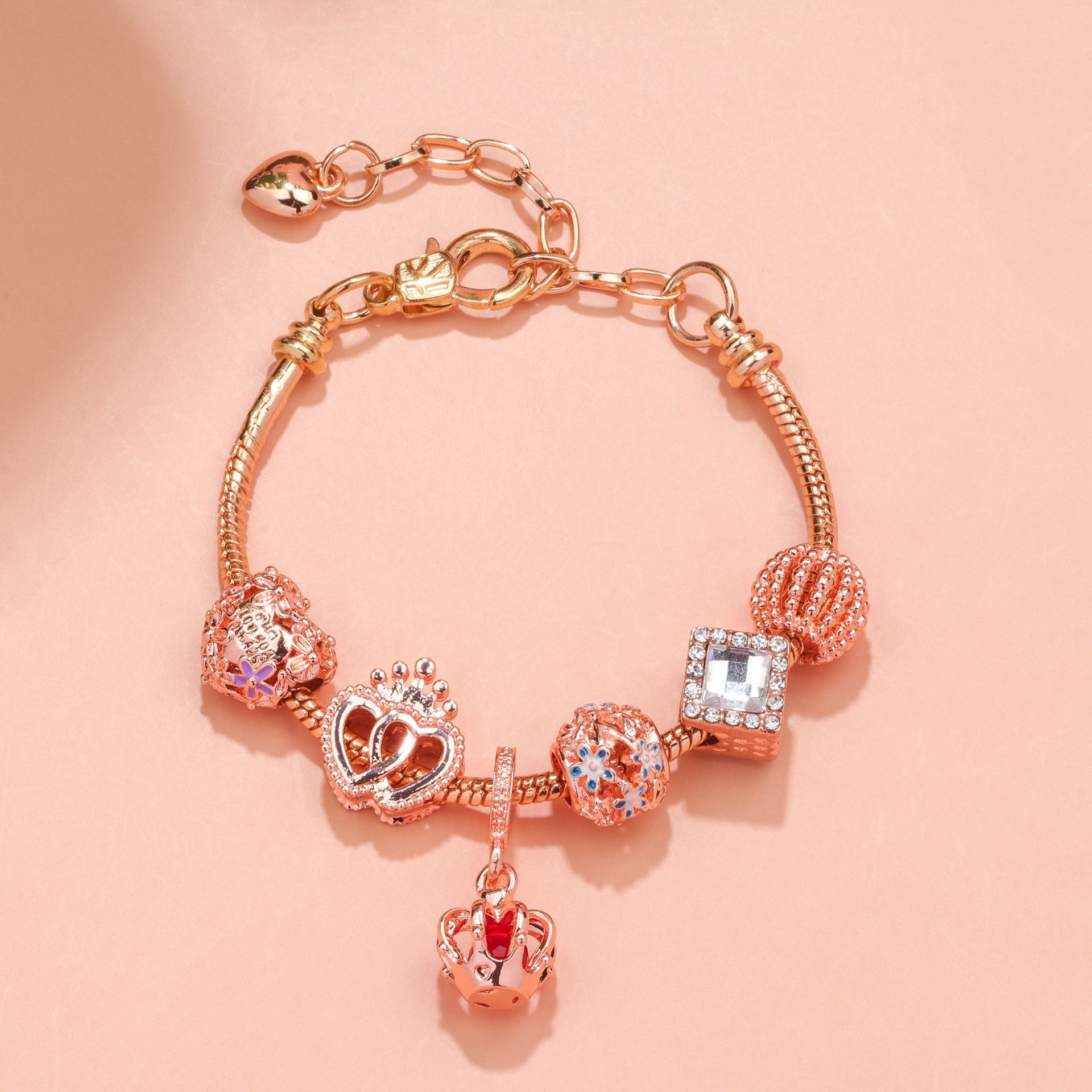 Hollow-out Rhinestone Heart Flower Charm Bracelet(rose gold, 19cm) โ image 6