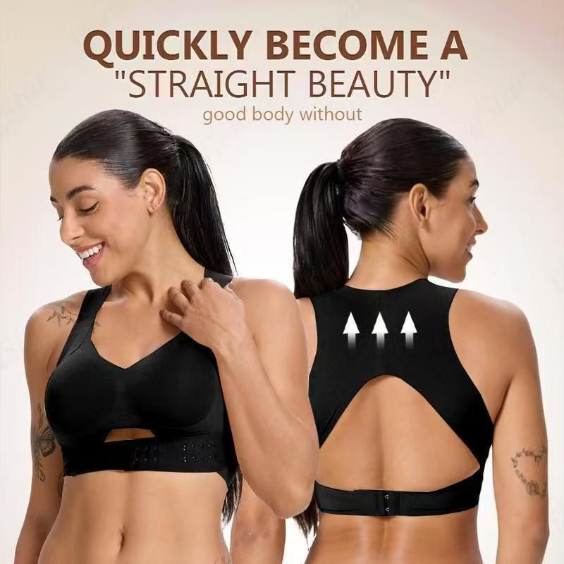L Size Black Wireless Posture Support Sports Full Coverage Bra for Women โ High Elastic Seamless Fitness Underwear with Adjustable Front Closure, Wide Straps