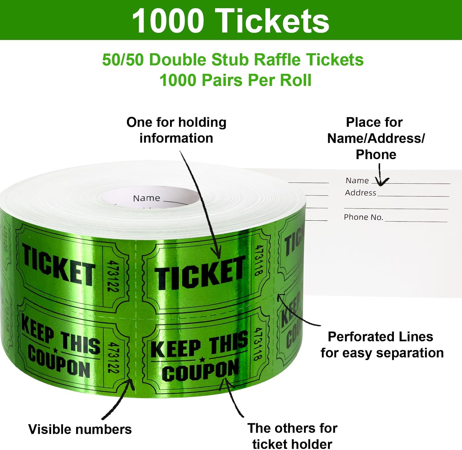 ceiba tree 1000 Raffle Tickets Double Roll Metallic Green Foil Ticket for Events Carnivals Entry Class Reward Prizes Party Supplies โ image 3