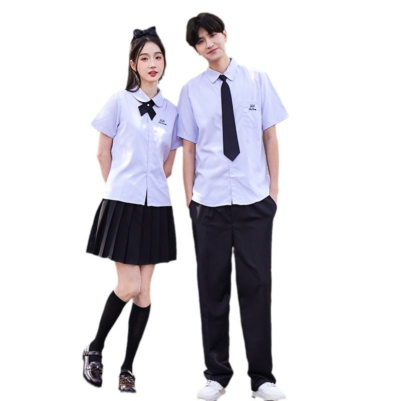 Thai School Uniform Shirt Cotton Blend Embroidery Badge Thai girls short sleeve shirt + wide black bow tie + navy blue skirt XXL — image 6