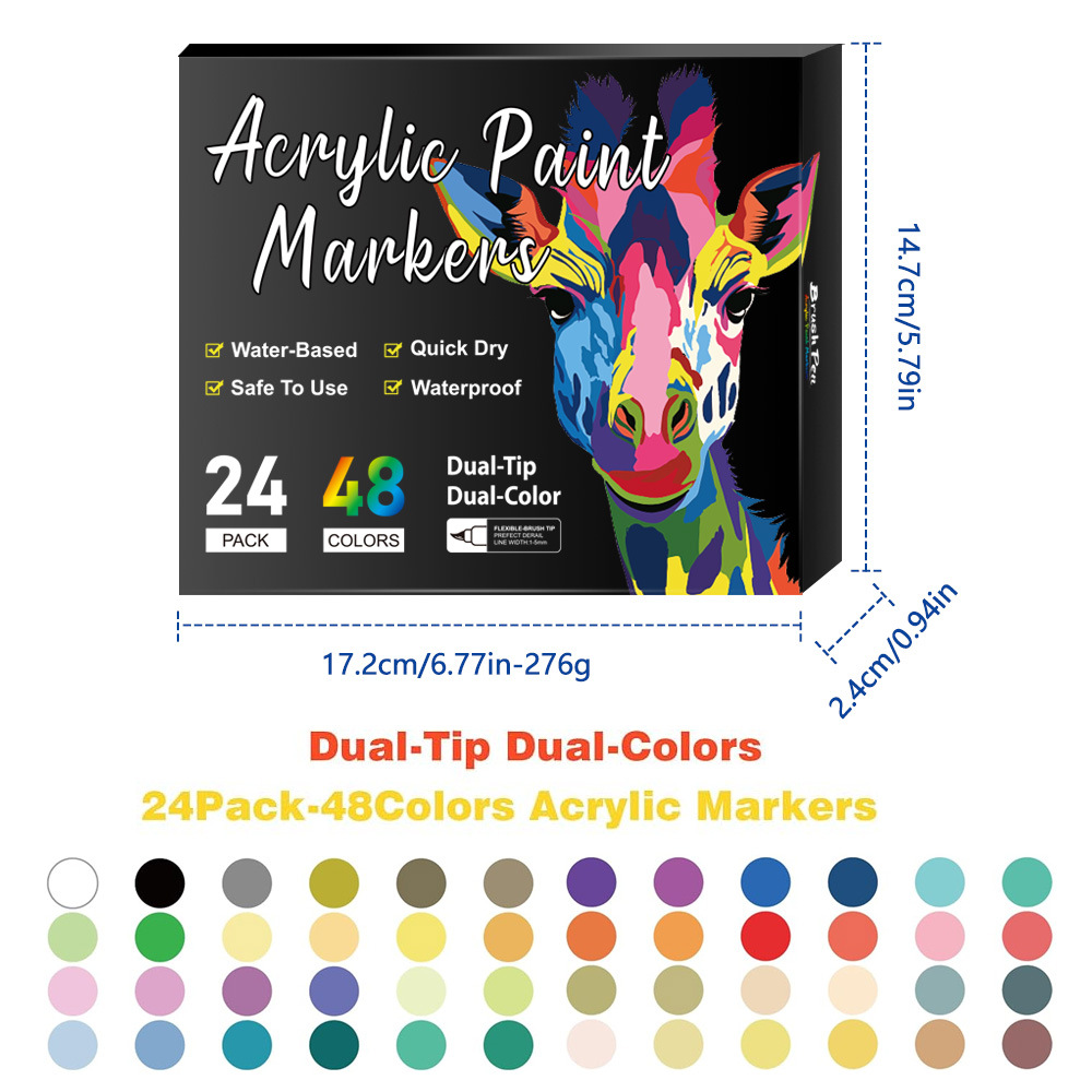 Dual-Tip Acrylic Markers – 24-Pack, Water-Based, Quick-Dry, Waterproof