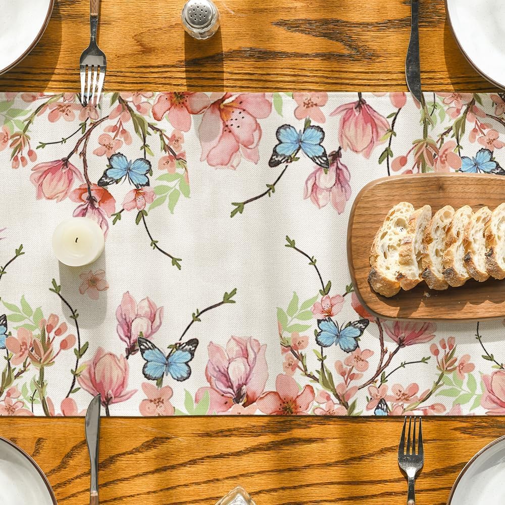 Flowers Bird Butterfly Spring Table Runner, Seasonal Kitchen Dining Table Decoration for Home Party Decor 13 × 72 Inch — image 3