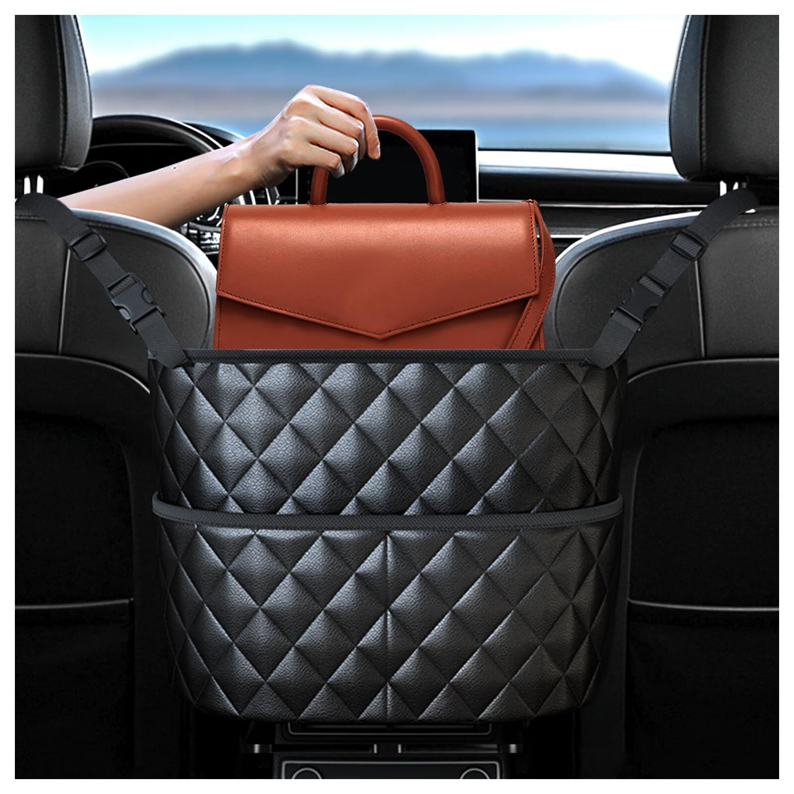 Car Seat Storage Bag: PU Leather Organizer with Hooks โ Pet Barrier, Safe Driving Storage for Wallets/Phones (Black)