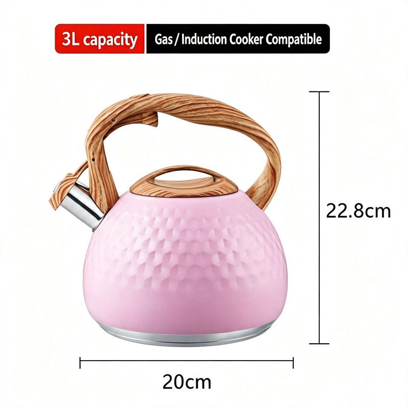 3L Hammered Stainless Steel Whistling Stovetop Kettle, Wood Grain Heat Insulated Handle, Universal for Gas & Induction Cooker, Large Capacity Water Boiler for