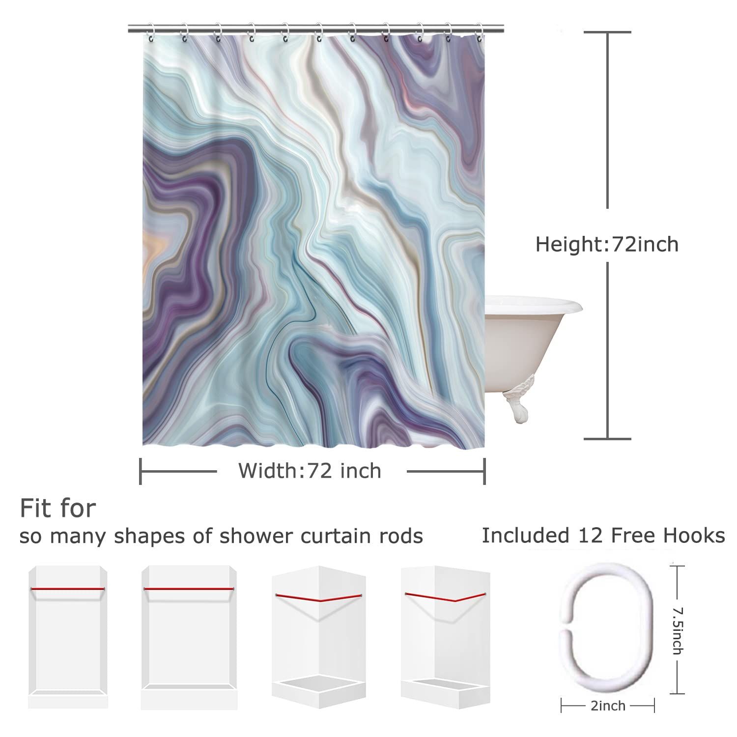 RosieLily Purple Shower Curtain,Blue Shower Curtains for Bathroom, Abstract Shower Curtain Set with 12 Hooks, 72Wx72H — image 5