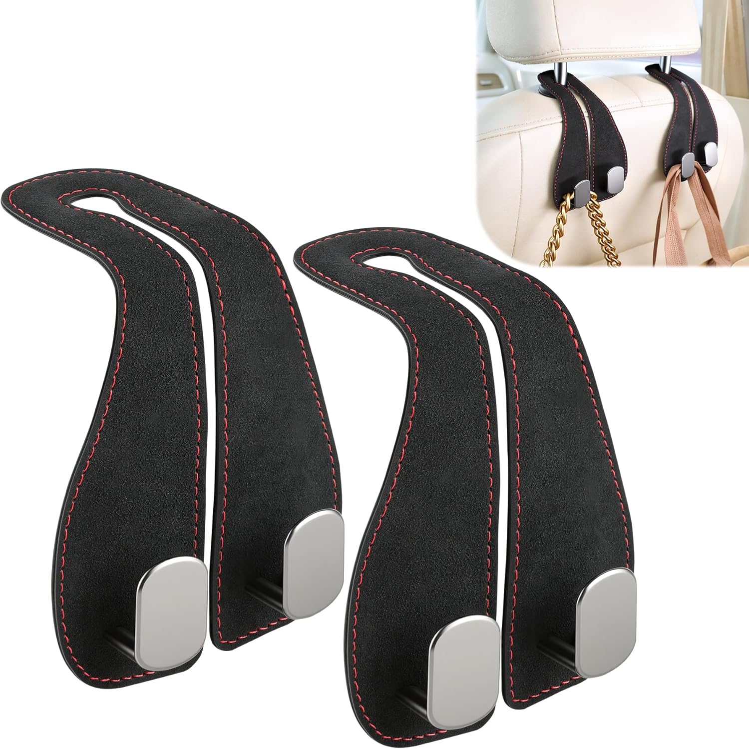 2PCS Car Purse Holder Hook, Seat Back Storage Leather-Wrapped Alloy Double Headrest Hook for Purses & Bags, Cute Interior Accessories Women and Men, Black