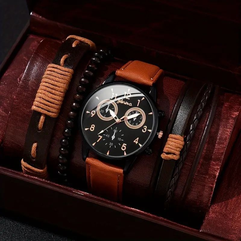 Men'S Bracelet Watch Set Single Calendar Watch Fake Three Eye Watch Canvas - Black - Size 15 โ image 2