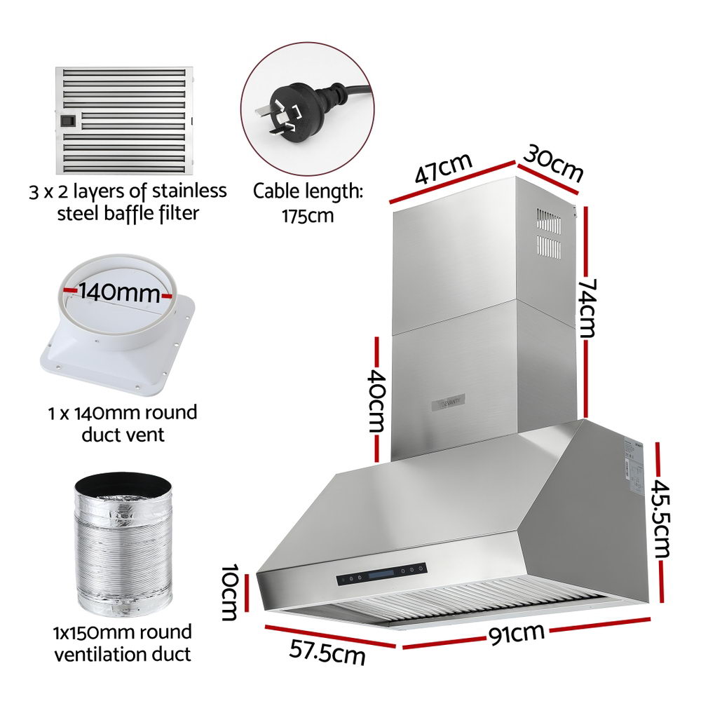 Devanti 900mm Range Hood 3-Speed Fan LED Display Remote Control โ image 3