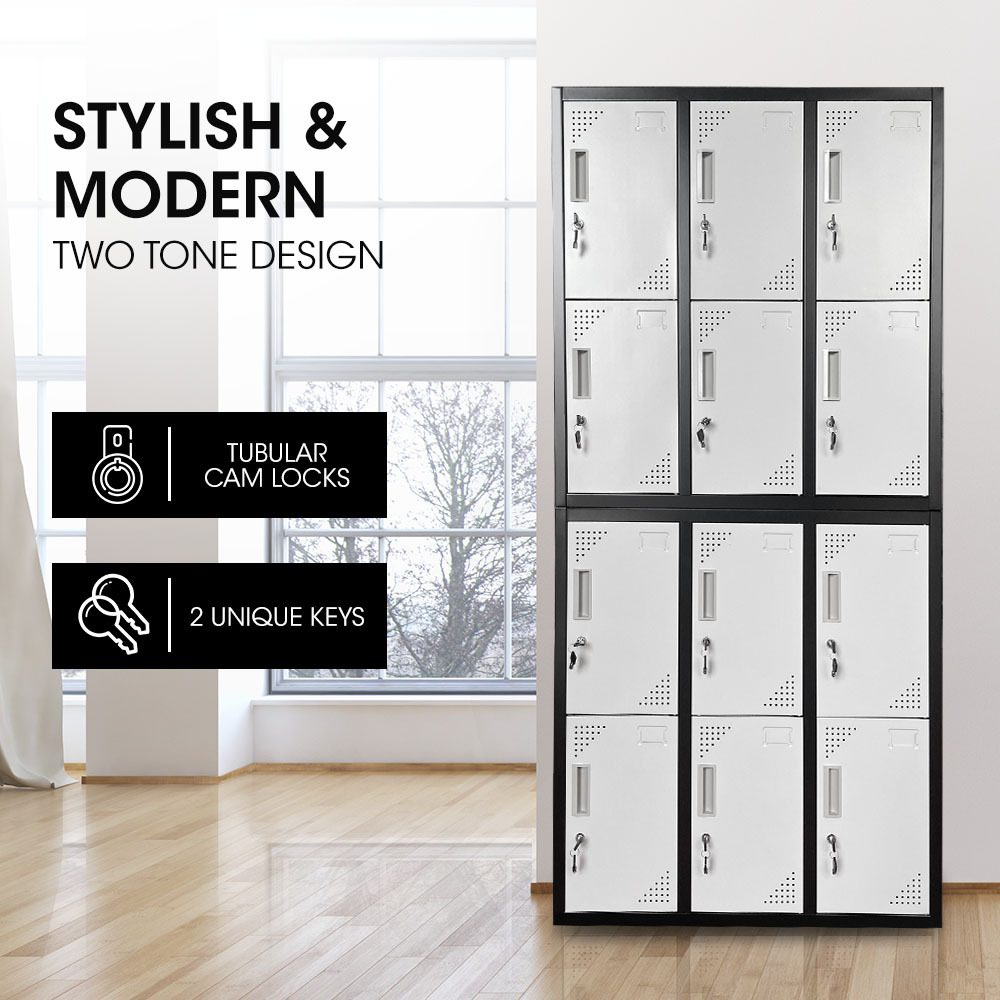 FORTIA 12-Door Metal Storage Locker Cabinet Gym Office Lockers Compartment, Black & Light Grey โ image 2