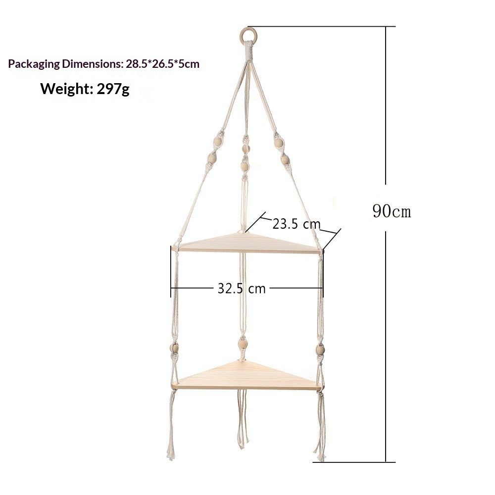 Double layer Bohemian cotton rope hand woven shelf, triangular wooden crafts, home decoration, flower pot storage(white 90*32.5cm) — image 5