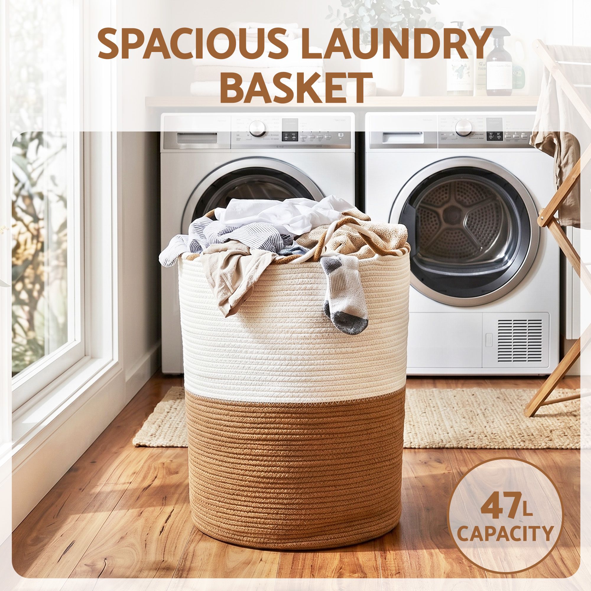 Artiss Woven Laundry Basket with handles Foldable White & Brown — image 4