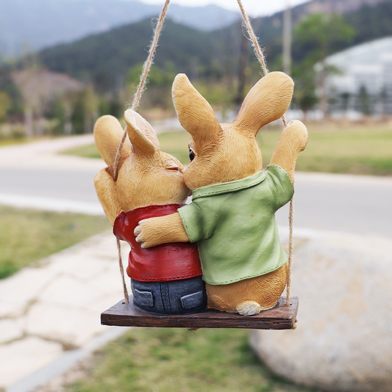 Cartoon Rabbit Couple Swing Garden Ornament - Charming Resin Decor — image 2