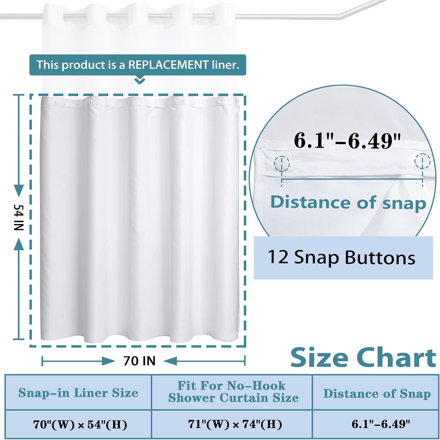 Snap in Shower Curtain Liner Replacement Shower Curtain Liner Removable Liner (1 Pack, 70" W x 54" H-White) — image 6