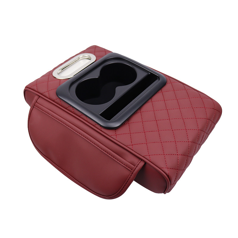 GT-6 Embroidery Wine Red,Multifunctional Car Armrest Storage Box Cushion - Universal Fit with Cup Holder and Tissue Dispenser