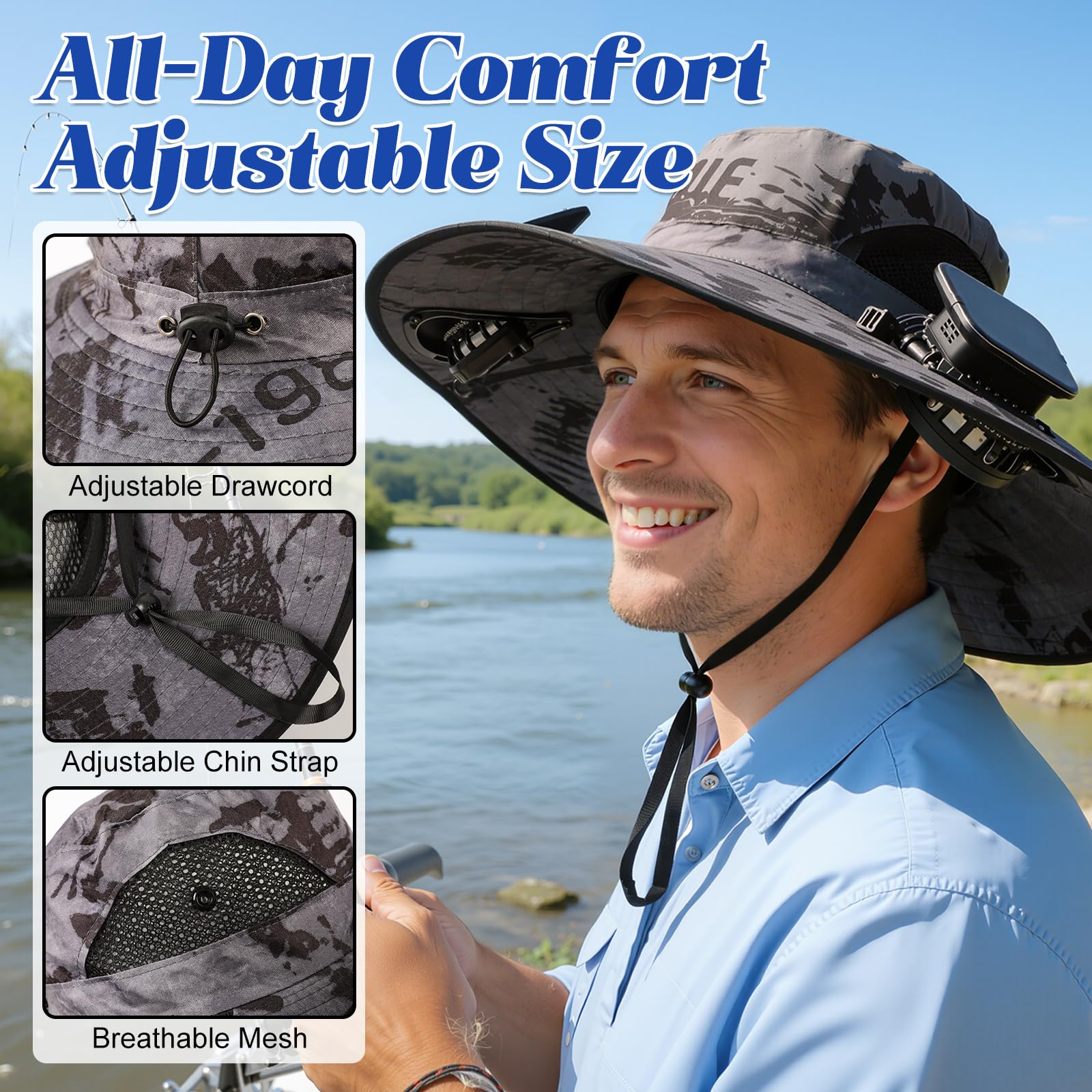 Solar-Powered Dual-Fan Sun Hat – UPF 50+ Wide-Brim Outdoor Hat with 2 USB/Solar Rechargeable Fans, Adjustable Strap, Breathable Mesh, for Fishing, Hiking — image 2