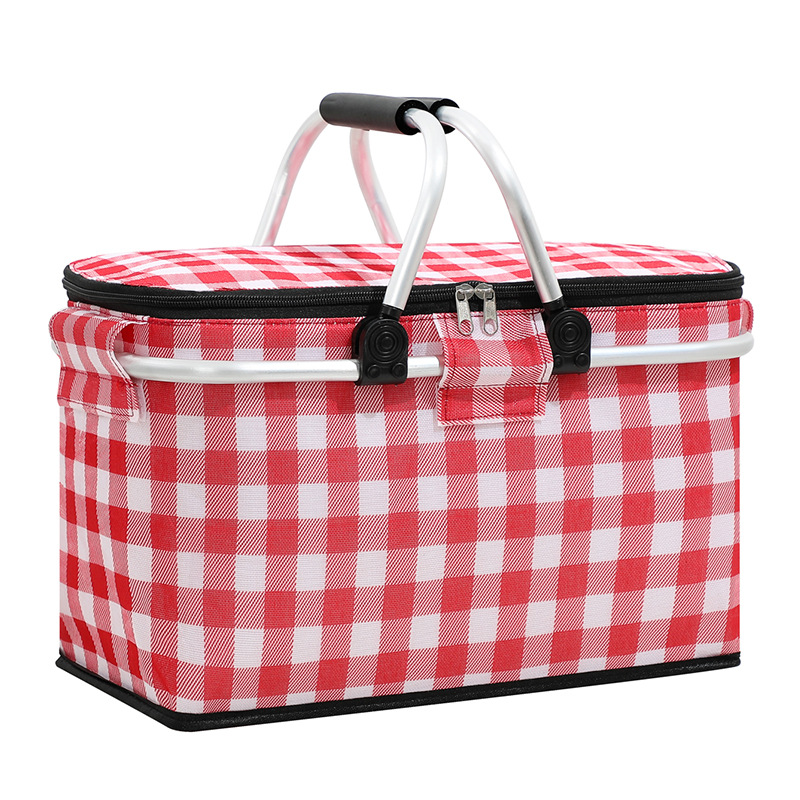 Insulated Picnic Basket with Aluminum Frame - Portable Collapsible Cooler Bag 18L 40 × 20 × 23cm(Red plaid)