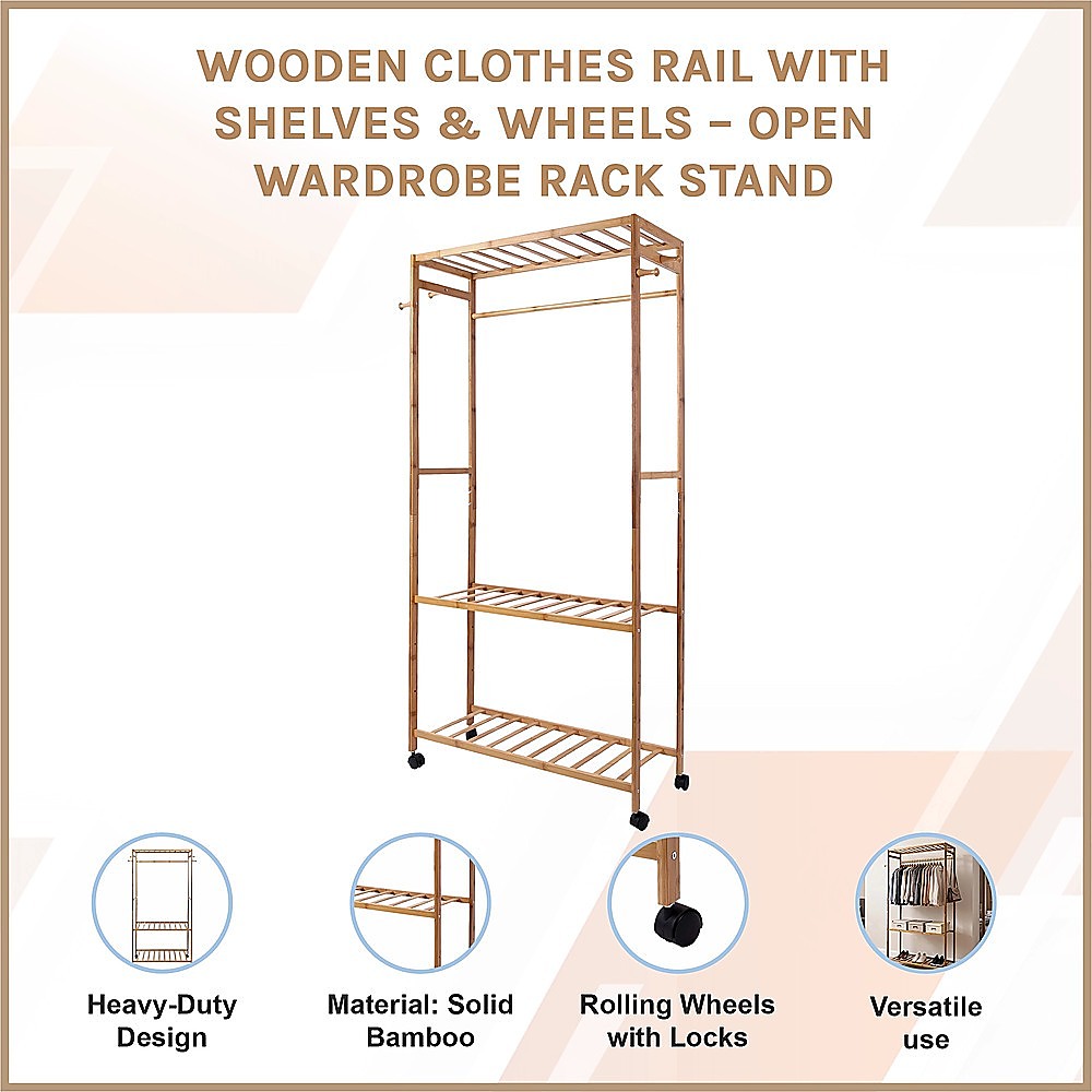 Wooden Clothes Rail with Shelves & Wheels – Open Wardrobe Rack Stand — image 3