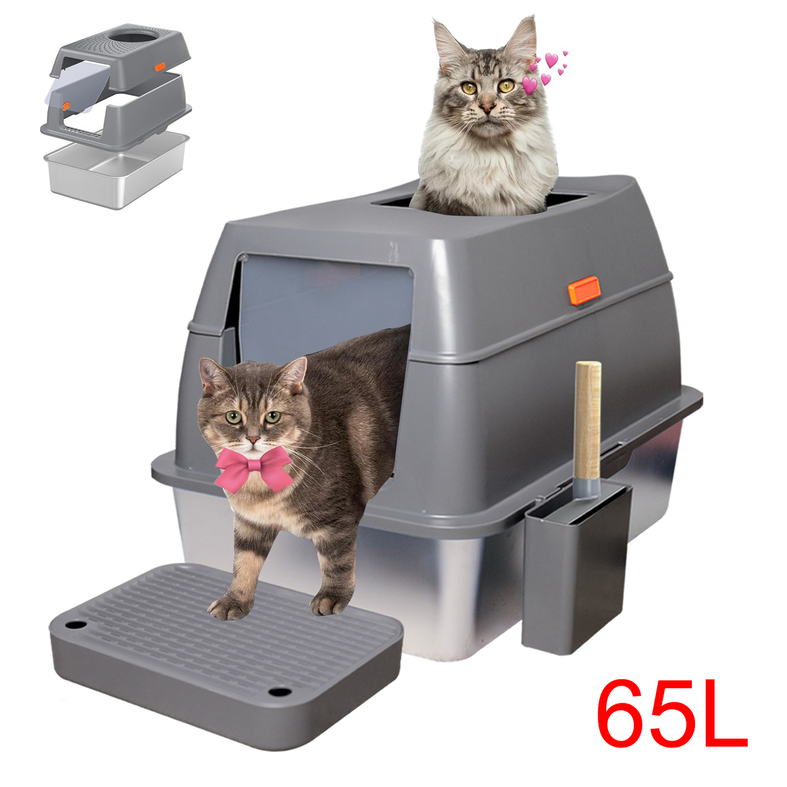 65L Big Cat Stainless Steel Litter Box With Lid High Wall With Triple Pedal Gray — image 2