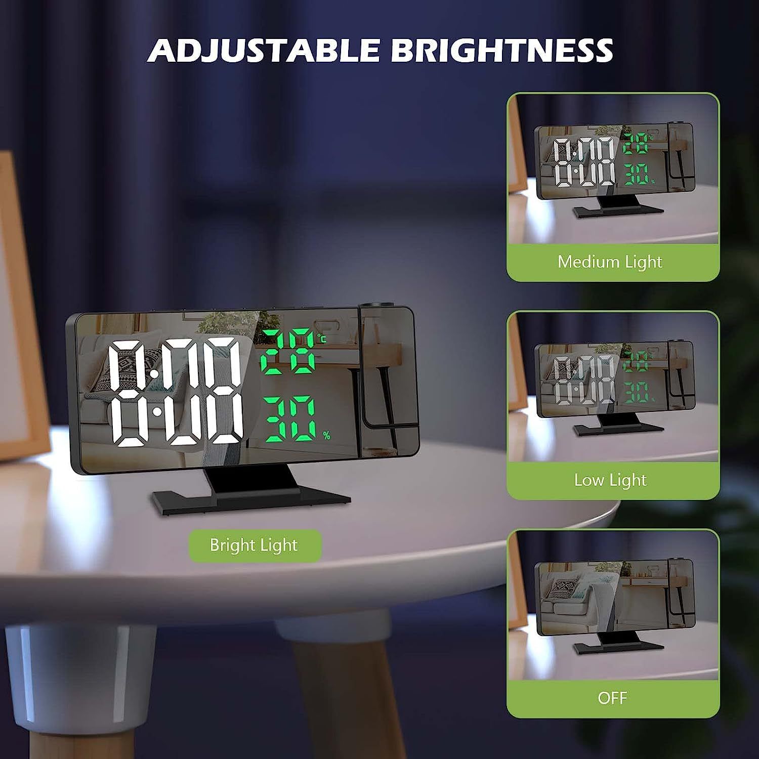 Digital Projection Alarm Clock with Temperature and Humidity Display, white LED Display，The Projection That can be Turned — image 2